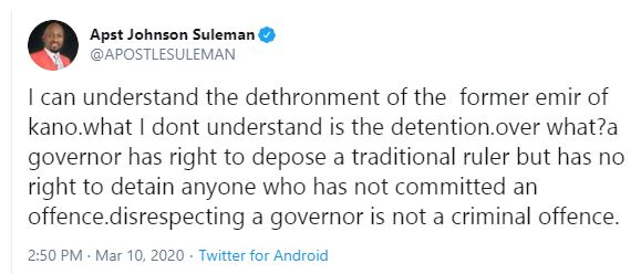 Disrespecting a governor is not a criminal offence - Apostle Suleman questions Sanusi's detainment after being dethroned 4 Disrespecting a governor is not a criminal offence - Apostle Suleman questions Sanusi's detainment after being dethroned 4