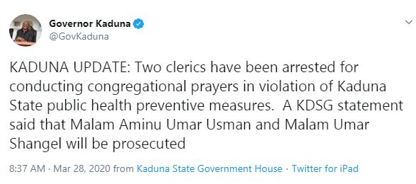 Two Islamic clerics arrested for conducting prayers in Kaduna during coronavirus lockdown 4