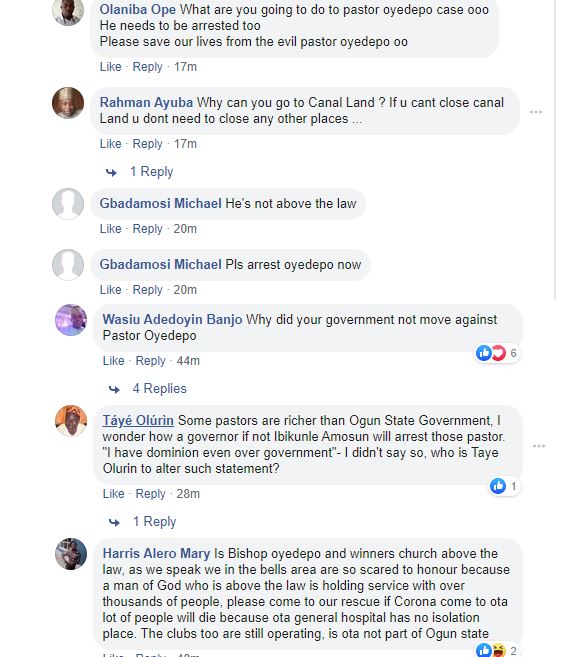 Video: ''Go and arrest Oyedepo'' Nigerians tell Ogun govt officials after arresting a pastor for having more than 50 members in his church on Sunday 4 Video: ''Go and arrest Oyedepo'' Nigerians tell Ogun govt officials after arresting a pastor for having more than 50 members in his church on Sunday 4