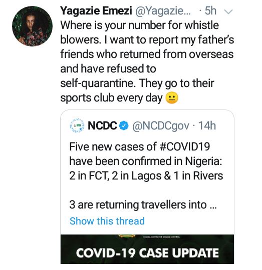 Photographer Yagazie Emezie alerts NCDC about her father's friends who go to club daily and have refused to self-quarantine after their overseas trip 9 Photographer Yagazie Emezie alerts NCDC about her father's friends who go to club daily and have refused to self-quarantine after their overseas trip 8