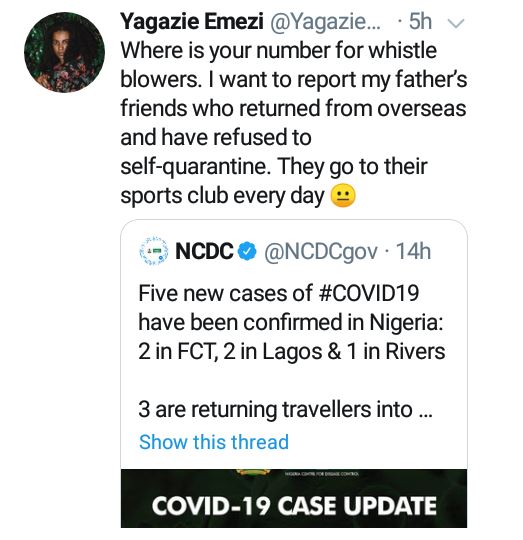 Photographer Yagazie Emezie alerts NCDC about her father's friends who go to club daily and have refused to self-quarantine after their overseas trip 8