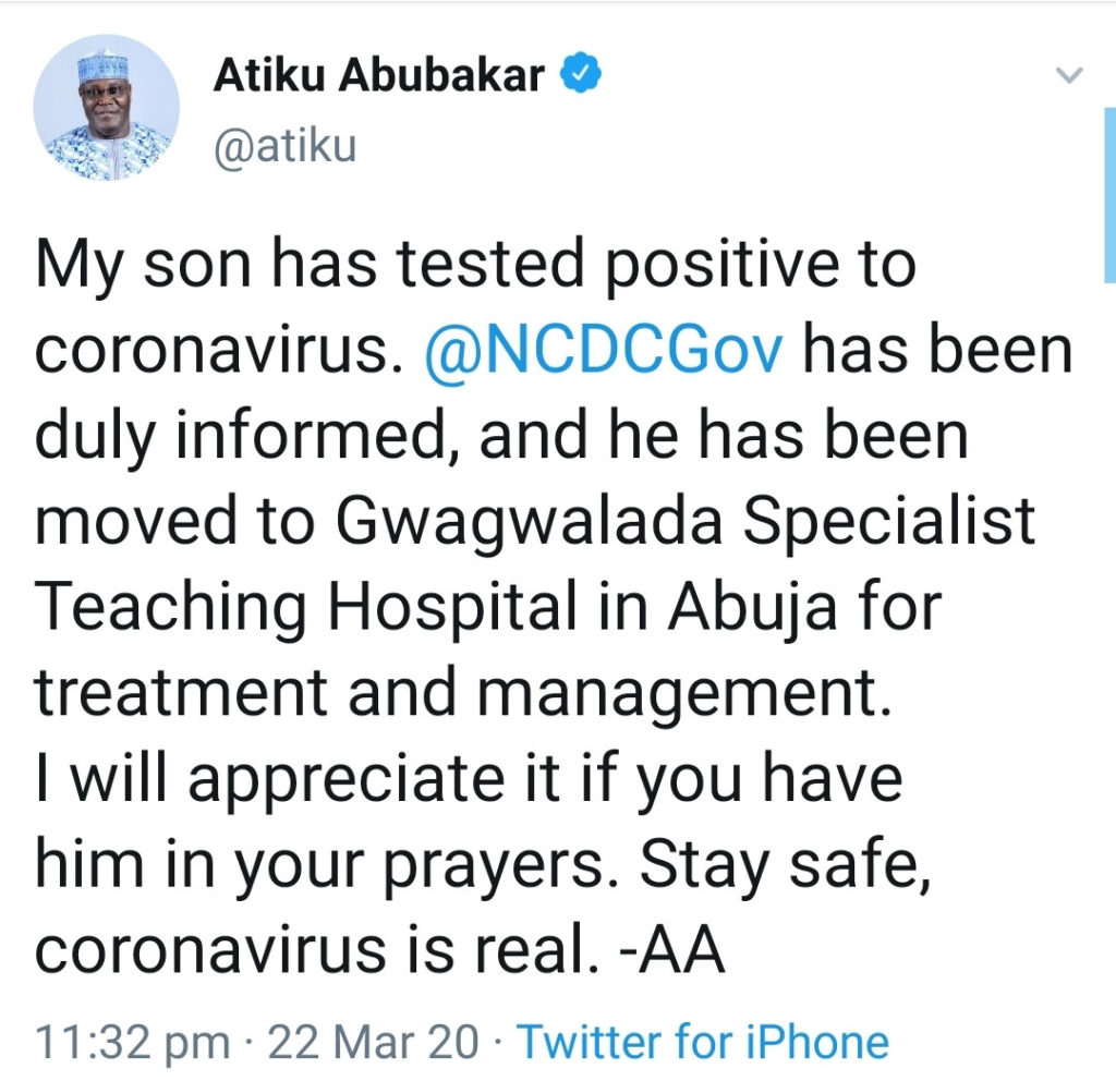 Coronavirus: Atiku's Son in Hospital after testing positive, begs Nigerians to pray for him 3