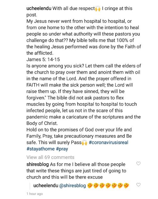 "Jesus never went from hospital to hospital to heal people" Uche Elendu disagrees with Hilda Dokubo's call for pastors to prove themselves by healing Coronavirus patients 4