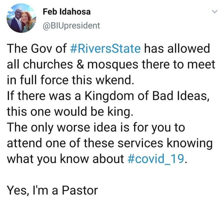 "I'm a pastor and I'm saddened by this"- Bishop Feb Idahosa calls out Rivers Govt for relaxing lockdown order for Easter celebration 6 "I'm a pastor and I'm saddened by this"- Bishop Feb Idahosa calls out Rivers Govt for relaxing lockdown order for Easter celebration 6