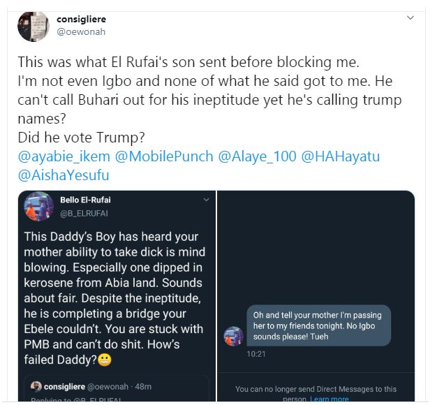 El-Rufai's wife, Hadiza called out for supporting her son, Bello's threat to 'pass on a Twitter user's mother to his friends' 16 El-Rufai's wife, Hadiza called out for supporting her son, Bello's threat to 'pass on a Twitter user's mother to his friends' 16