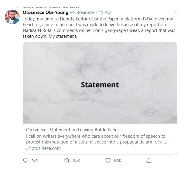 Deputy Editor of Brittle Paper fired for criticizing El'Rufai's wife's reaction after her son threatened a Twitter user with Rape 35 Deputy Editor of Brittle Paper fired for criticizing El'Rufai's wife's reaction after her son threatened a Twitter user with Rape 27