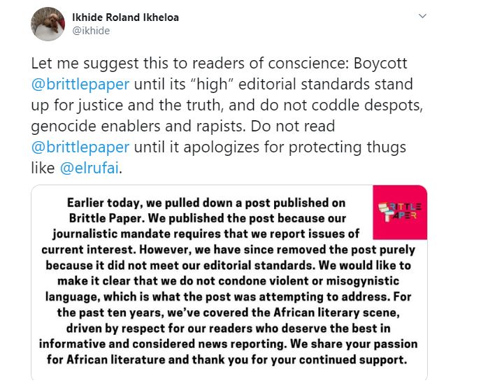 Deputy Editor of Brittle Paper fired for criticizing El'Rufai's wife's reaction after her son threatened a Twitter user with Rape 37 Deputy Editor of Brittle Paper fired for criticizing El'Rufai's wife's reaction after her son threatened a Twitter user with Rape 29