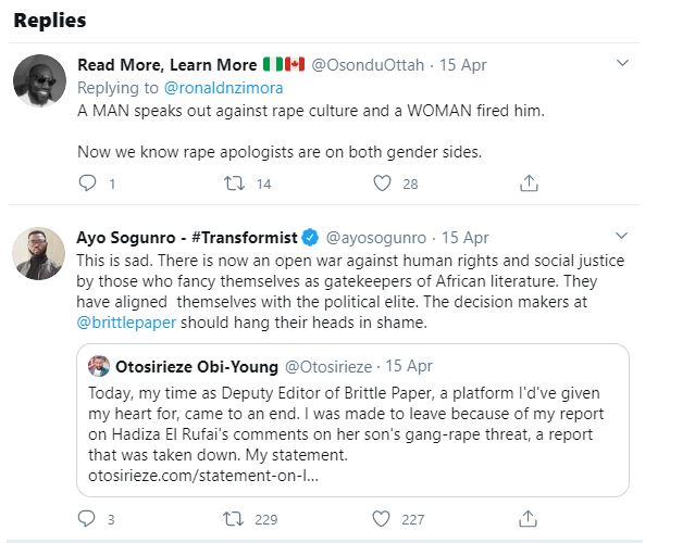 Deputy Editor of Brittle Paper fired for criticizing El'Rufai's wife's reaction after her son threatened a Twitter user with Rape 39 Deputy Editor of Brittle Paper fired for criticizing El'Rufai's wife's reaction after her son threatened a Twitter user with Rape 31
