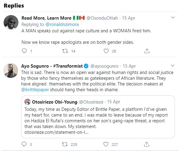 Deputy Editor of Brittle Paper fired for criticizing El'Rufai's wife's reaction after her son threatened a Twitter user with Rape 31