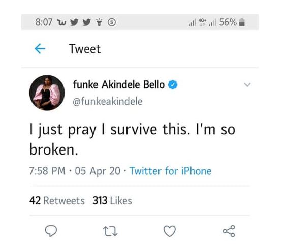 COVID 19: 'I pray I survive this. I'm so broken' - Funke Akindele writes after being Arrested for Hosting Party 4 COVID 19: 'I pray I survive this. I'm so broken' - Funke Akindele writes after being Arrested for Hosting Party 3