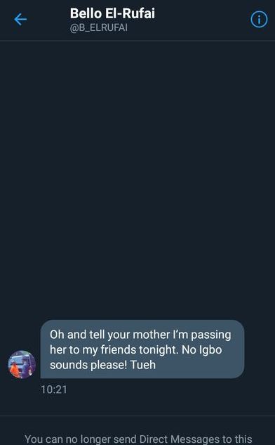 El-Rufai's wife, Hadiza called out for supporting her son, Bello's threat to 'pass on a Twitter user's mother to his friends' 18 El-Rufai's wife, Hadiza called out for supporting her son, Bello's threat to 'pass on a Twitter user's mother to his friends' 18
