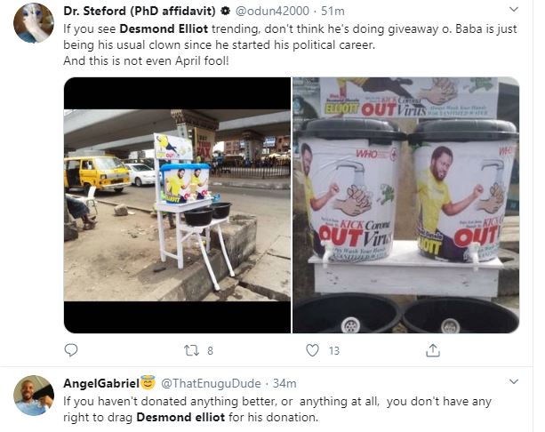 COVID 19: Nigerians Call a Desmond Elliot a Scam and Disappointment to youths over his 'plastic makeshift cleansing' project 26 COVID 19: Nigerians Call a Desmond Elliot a Scam and Disappointment to youths over his 'plastic makeshift cleansing' project 26