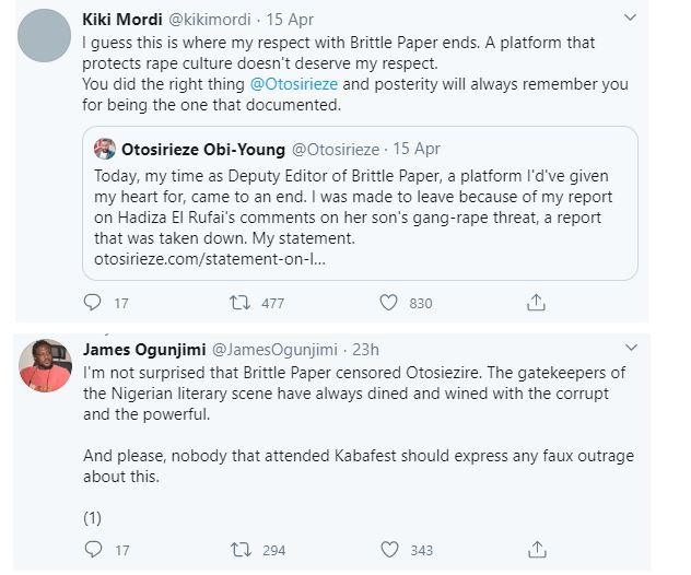 Deputy Editor of Brittle Paper fired for criticizing El'Rufai's wife's reaction after her son threatened a Twitter user with Rape 42 Deputy Editor of Brittle Paper fired for criticizing El'Rufai's wife's reaction after her son threatened a Twitter user with Rape 34