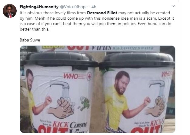 COVID 19: Nigerians Call a Desmond Elliot a Scam and Disappointment to youths over his 'plastic makeshift cleansing' project 22 COVID 19: Nigerians Call a Desmond Elliot a Scam and Disappointment to youths over his 'plastic makeshift cleansing' project 22