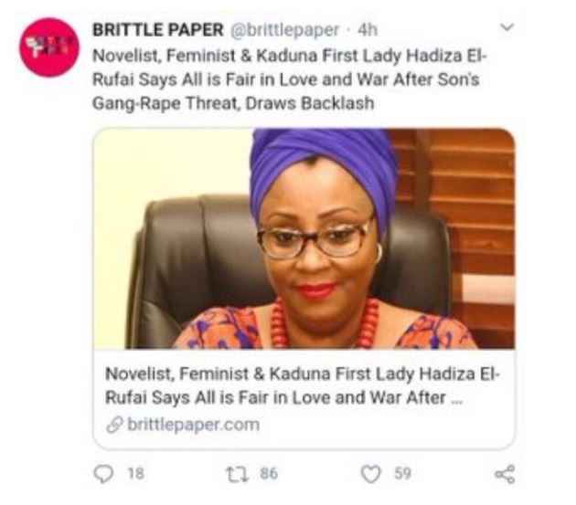 Deputy Editor of Brittle Paper fired for criticizing El'Rufai's wife's reaction after her son threatened a Twitter user with Rape 33 Deputy Editor of Brittle Paper fired for criticizing El'Rufai's wife's reaction after her son threatened a Twitter user with Rape 25