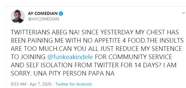 My chest has been paining me with no appetite for food - AY begs Nigerians after being dragged for defending Funke Akindele 7 My chest has been paining me with no appetite for food - AY begs Nigerians after being dragged for defending Funke Akindele 7
