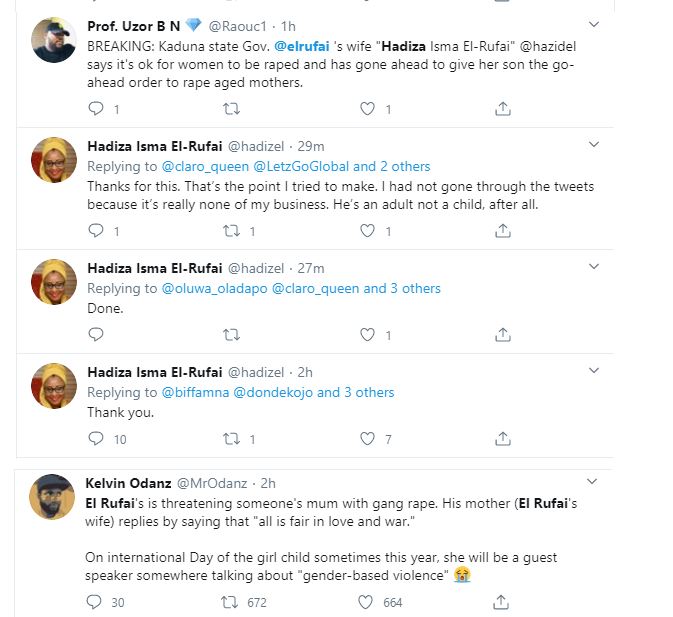 El-Rufai's wife, Hadiza called out for supporting her son, Bello's threat to 'pass on a Twitter user's mother to his friends' 21 El-Rufai's wife, Hadiza called out for supporting her son, Bello's threat to 'pass on a Twitter user's mother to his friends' 21