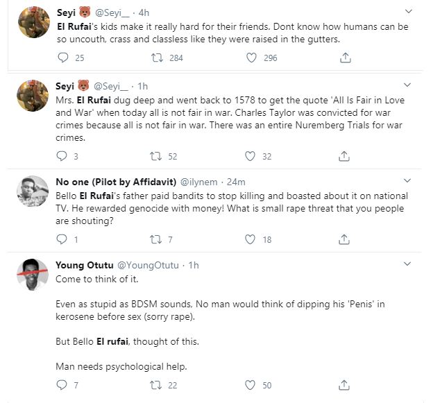 El-Rufai's wife, Hadiza called out for supporting her son, Bello's threat to 'pass on a Twitter user's mother to his friends' 22 El-Rufai's wife, Hadiza called out for supporting her son, Bello's threat to 'pass on a Twitter user's mother to his friends' 22