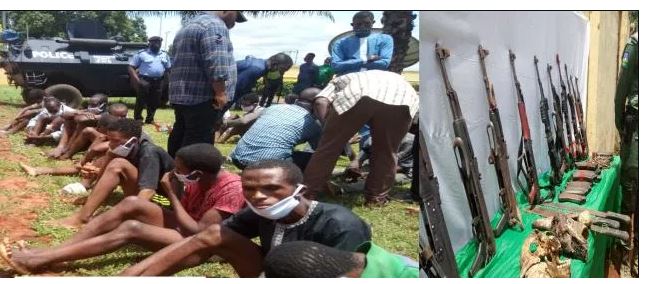 Police Parade AK-47 rifles allegedly recovered from IPOB training camps in Delta 1 Police Parade AK-47 rifles allegedly recovered from IPOB training camps in Delta 1