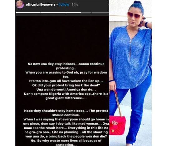 BBNaija's Gifty mocks End SARS protesters; accuses them of 'wasting lives all because of protesting' 3 BBNaija's Gifty mocks End SARS protesters; accuses them of 'wasting lives all because of protesting' 1