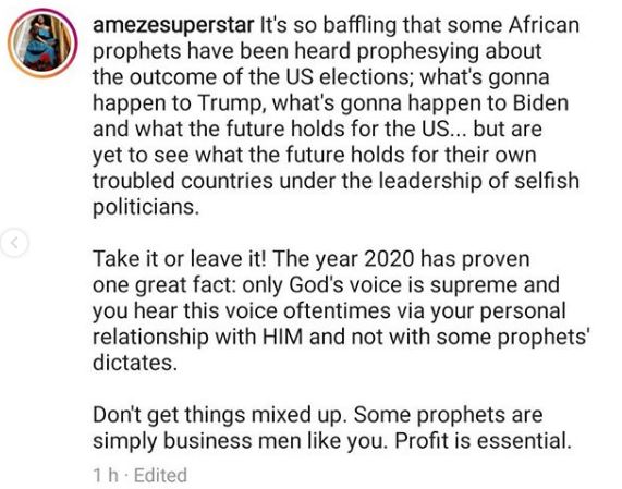 Actress Ameze Imarhiagbe calls out African clergymen prophesying about US elections and nothing about events in their countries 4