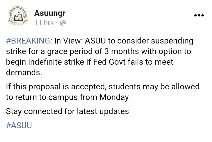 ASUU to suspend strike for three months, to begin indefinite strike if demands are not met 4