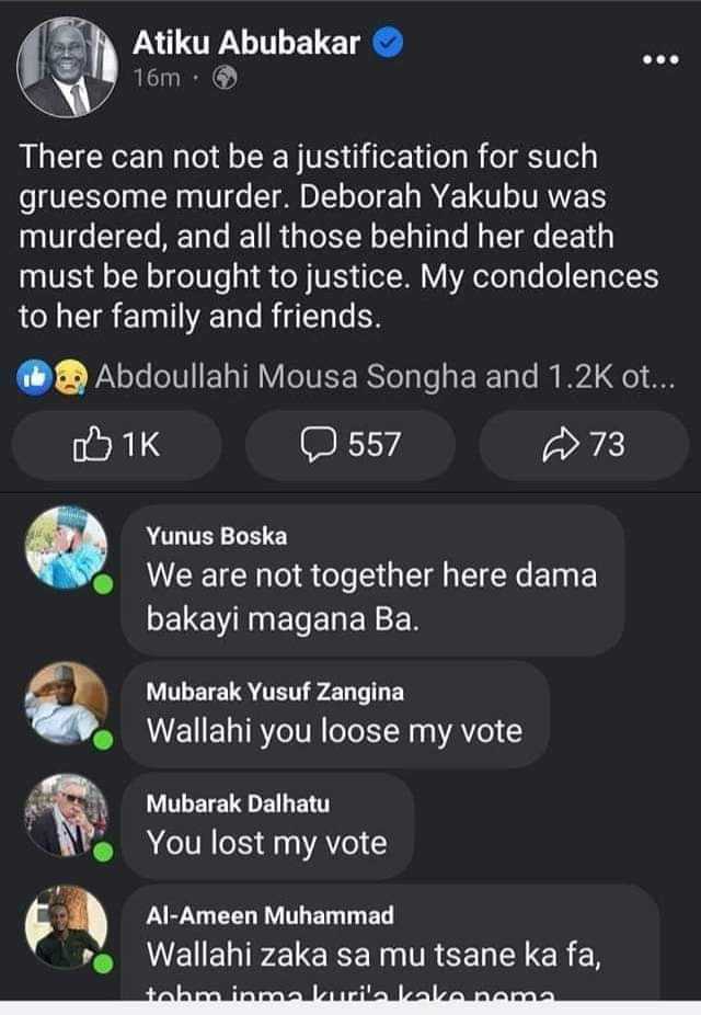 Atiku deletes Twitter, Facebook posts over Deborah Samuel's death after fanatics threatened his presidential ambition 4