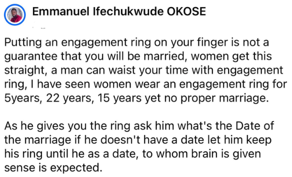 As he gives you the ring, ask him the date of the wedding. if he doesn't have a date let him keep his ring until he does - clergyman tells single ladies 3