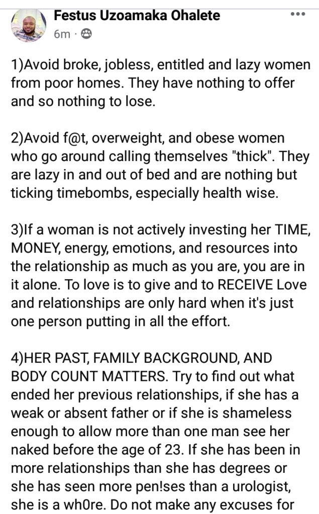 "Avoid broke, jobless, entitled, fat and lazy women from poor homes" - Nigerian man advises men 4