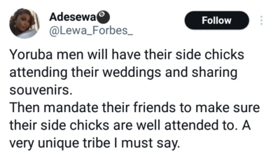 Photo of Yoruba men will have their side chicks attending their weddings and sharing souvenirs – Nigerian lady says
