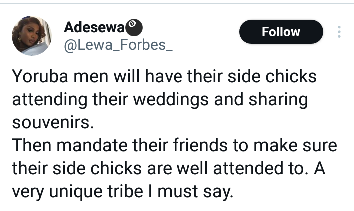 Yoruba men will have their side chicks attending their weddings and sharing souvenirs - Nigerian lady says 3