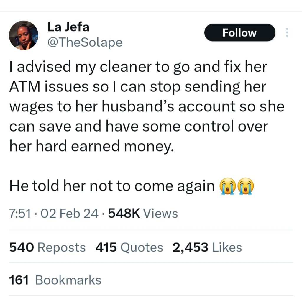 Husband orders wife to quit her job after her boss asked her to stop using his account to receive her salary 6