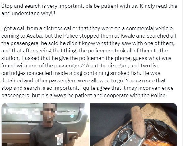 'Stop and search' may be inconvenient for passengers, but please always be patient and cooperate with the Police - Delta State Police command says after discovering a cut-to-size gun and two cartridges. 3
