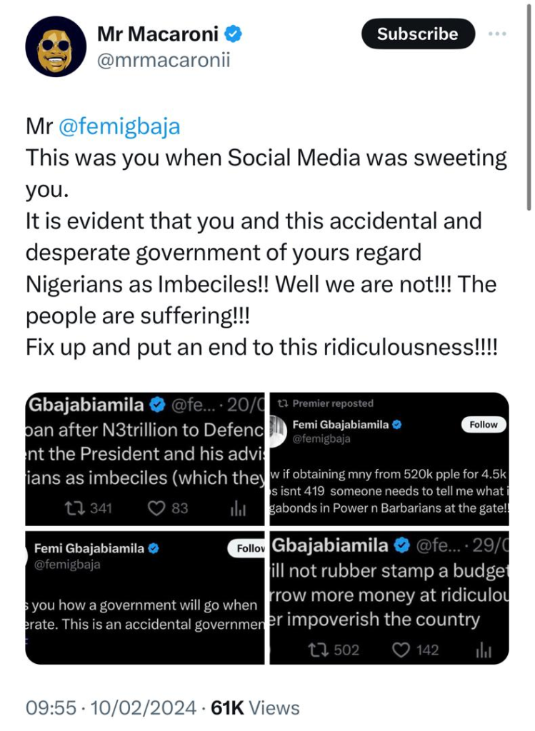 Social Media wasn't a menace when you used it to address the Government as vagabonds and barbarians in 2014 - Mr Macaroni slams Femi Gbajabiamila 7