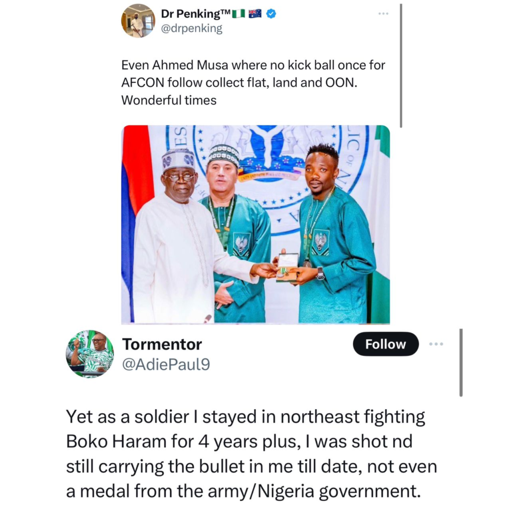 ''I stayed in the Northeast, fighting Boko Haram for four years, got shot and still carrying bullet in me till date'' - Nigerian soldier kicks as President Tinubu gifts Super Eagles players houses, plots of land, and national honor 4