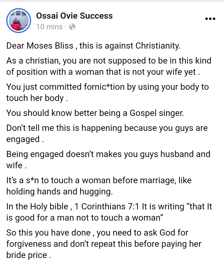 ''It is against Christianity. You committed fornication by touching her body with yours'' - Ossai Ovie Success criticizes Moses Bliss over latest photos with his fiancé 6