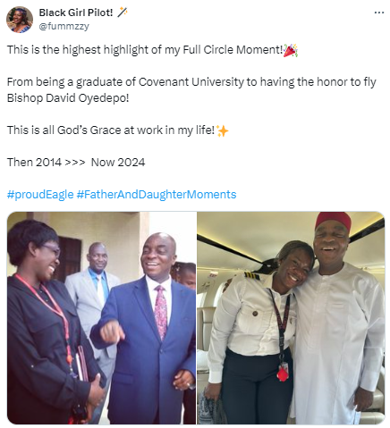 ''This is the highest highlight of my full circle moment'' - Female Pilot who graduated from Covenant University shares moment she flew Oyedepo years after graduation 4