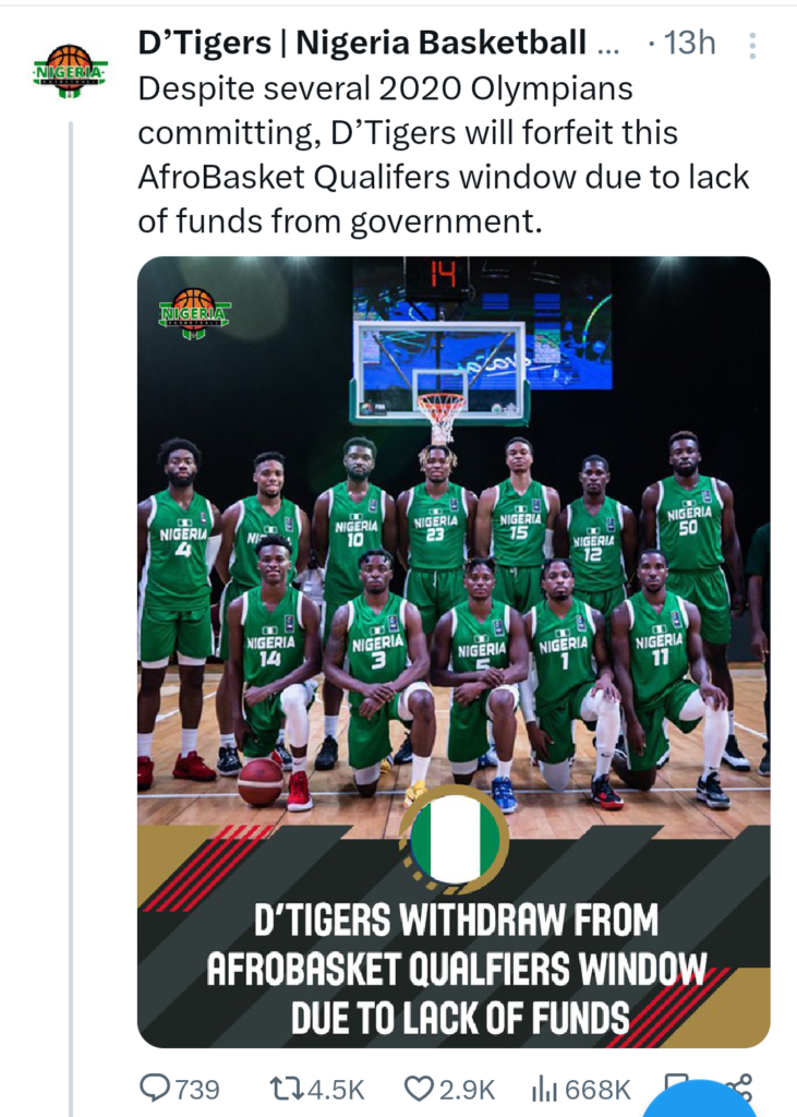 Nigeria's D’Tigers withdraw from AfroBasket 2025 Qualifiers due to lack of funds 4