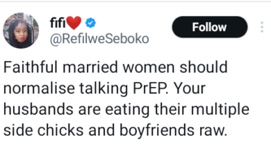 Photo of Faithful married women should normalise taking PrEP, your husbands are eating their side chicks and boyfriend’s raw- South African woman says,