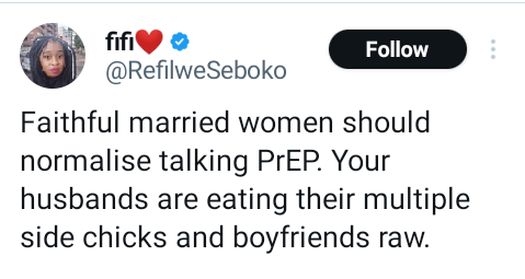 Faithful married women should normalise taking PrEP, your husbands are eating their side chicks and boyfriend's raw- South African woman says, 3