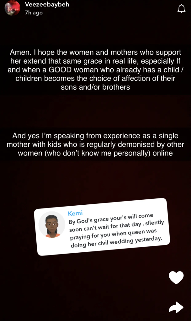 "I hope the women supporting her online extend same grace when a single mom becomes the choice of affection of their sons or brothers'' - BBNaija's Venita replies fan who prayed for her to get married like her colleague, Queen 4