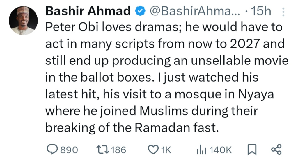 Peter Obi loves Drama - Buhari's former aide, Bashir Ahmad, mocks Peter Obi over visit to Mosque to break Ramadan fast with Muslims 10
