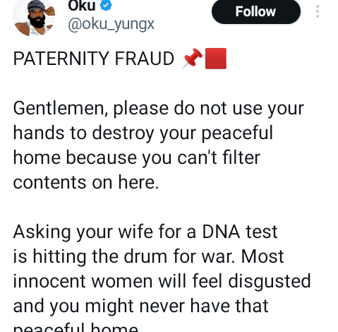 Asking your wife for a DNA test is hitting the drum for war - Nigerian man warns men 3