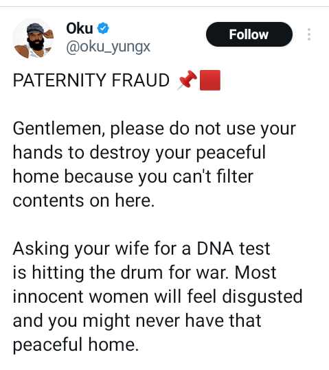 Asking your wife for a DNA test is hitting the drum for war - Nigerian man warns men 4