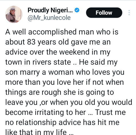 "Marry a woman who loves you more than you love her if not when things are rough she will leave you" - Nigerian lawyer shares advice he received from an elderly man 3