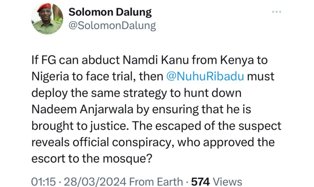 If FG can abduct Nnamdi Kanu from Kenya to Nigeria to face trial, then Nuhu Ribadu must deploy the same strategy to hunt down Binance boss, Nadeem Anjarwala - Solomon Dalung 6