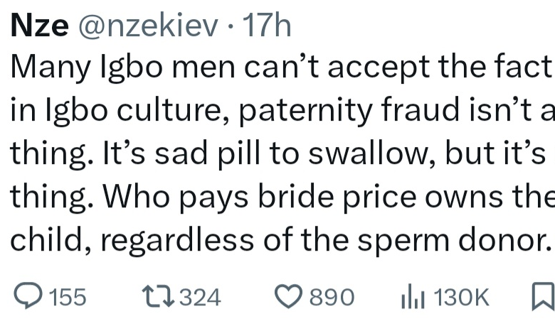 Paternity fraud is not a thing in the Igbo culture. Who pays the bride price owns the child, regardless of the sperm donor - Igbo man says 3