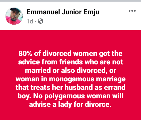 Photo of 80% of divorced women got advice from single friends or women in monogamous marriage – Nigerian man says