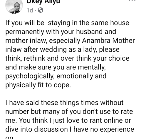 Don't live in the same house with your mother-in-law except you are mentally prepared to handle stress - Nigerian man advises married women 3