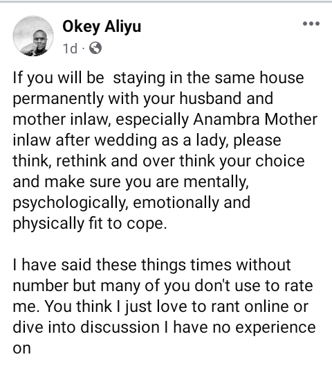 Don't live in the same house with your mother-in-law except you are mentally prepared to handle stress - Nigerian man advises married women 4